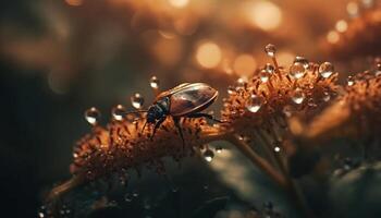 Small weevil on wet leaf in springtime generated by AI photo