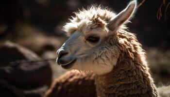 mullido alpaca roza en rural prado, linda generado por ai foto