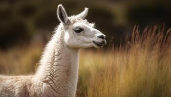 Fluffy alpaca grazes in green meadow, posing generated by AI photo