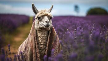 mullido alpaca sonrisas para retrato en prado generado por ai foto