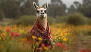 adorable alpaca roza en tranquilo prado, posando generado por ai foto