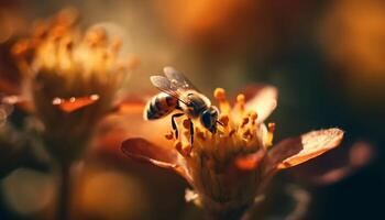 Busy honey bee picking up pollen from flower generated by AI photo