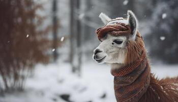 Cute alpaca braves winter, smiles for camera generated by AI photo