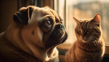 Cute French bulldog puppy sitting by window staring generated by AI photo