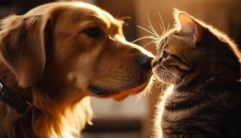 Smiling purebred dog and playful kitten together generated by AI photo