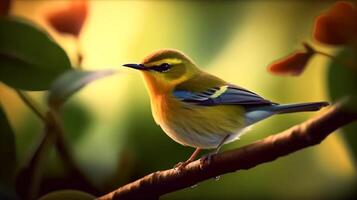 Warbler perching on a branch, Bright clear ligh blur background of green nature. photo