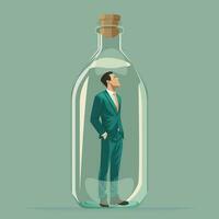 Businessman with suit trapped in a glass of jar. thinking outside the box concept vector illustration