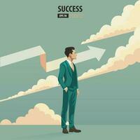 Business arrow concept with businessman with suit looking up into the sky and cloud. grow chart increase profit sales and investment. contemplating about being success and positive vector. vector