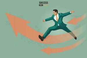 Business arrow concept with businessman on arrow jumping to success. grow chart up increase profit sales and investment. background vector