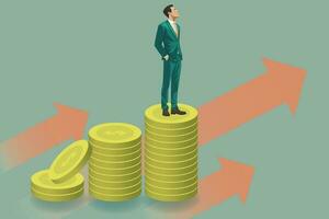 Businessman with suit standing on pile of coin vector illustration. Businessman contemplating about being success and confidence with arrow up in the background.