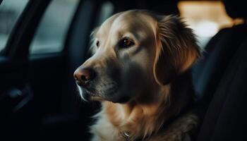 Golden retriever puppy sitting in car, looking generated by AI photo