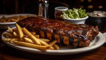 A la parrilla filete y Cerdo en uno plato generado por ai foto