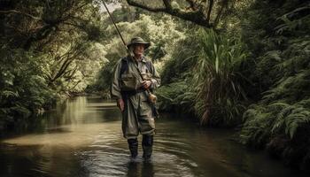 Caucasian fisherman standing in tranquil forest pond generated by AI photo