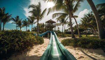 tropical vacaciones palma árboles, arena, y relajación generado por ai foto