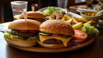 Grilled beef burger with cheese and fries generated by AI photo