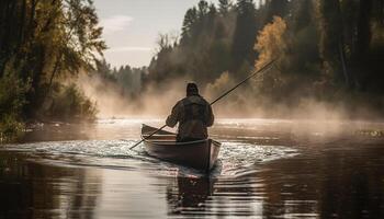 hombres remo bote de remos, pescar para captura de pescado generado por ai foto