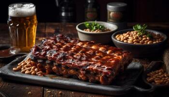 Grilled meat on rustic wood table, ready to eat generated by AI photo