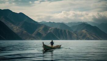 Man rows fishing boat in tranquil mountain landscape generated by AI photo