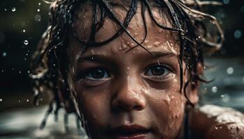 Smiling child enjoys summer raindrop splash play generated by AI photo