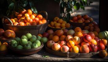 Fresh organic fruits and vegetables in wooden basket generated by AI photo