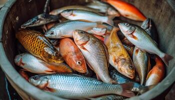 Abundance of fresh seafood at fish market generated by AI photo