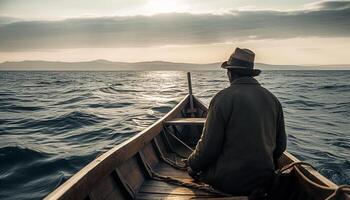 Man rows boat, finds solitude in nature generated by AI photo