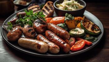 Grilled meat, pork, beef, and steak on plate generated by AI photo