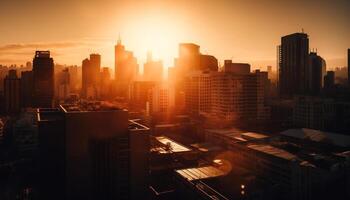 Illuminated skyscrapers silhouette city skyline at sun generated by AI photo