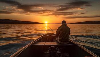 hombre pescar a oscuridad, tranquilo agua reflexión generado por ai foto