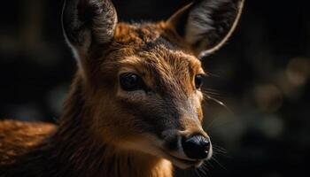 Deer cute face in focus, looking at camera generated by AI photo