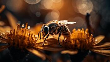 Busy honey bee pollinates single flower beauty generated by AI photo