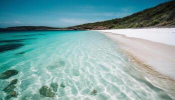 Tropical paradise turquoise waves, green mountains, heaven generated by AI photo