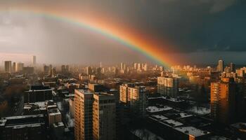 Rainbow illuminates city skyline at dusk, stunning view generated by AI photo