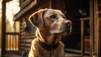 Cute purebred retriever puppy sitting outdoors in nature generated by AI photo