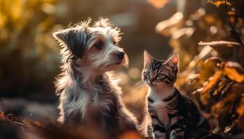 juguetón perrito y gatito disfrutar otoño puesta de sol generado por ai foto