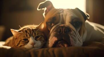 Cute bulldog puppy sleeping on comfortable bed generated by AI photo