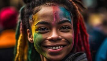 Toothy smiles and colorful paint at festival generated by AI photo