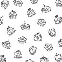 Cake doodle drawing pattern. Scribble backgrounds of various cake sketches isolated on white vector