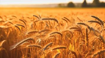 trigo campo. hermosa naturaleza puesta de sol paisaje. antecedentes de madurez orejas de trigo campo. etiqueta Arte diseño. generativo ai. foto