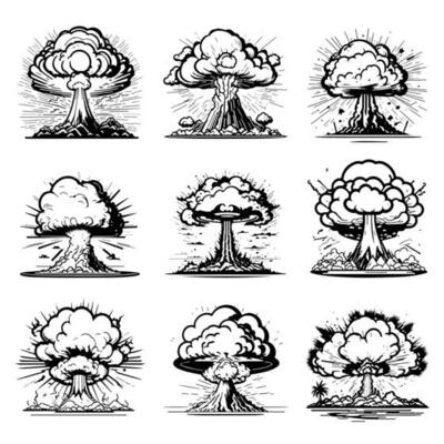 Set of explosion effect vectors. Smoke explosion, nuclear explosion, bomb explosion, and smoke plume isolated on a white background