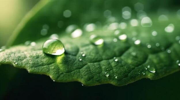 un verde hoja con agua gotas superficie, con un oscuro verde antecedentes. generativo ai foto