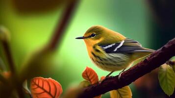 Warbler perching on a branch, Bright clear ligh blur background of green nature. photo