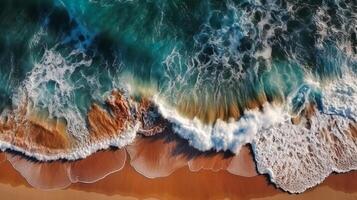 Top view aerial image from drone of an stunning beautiful sea landscape beach with turquoise water. Beautiful Sand beach with turquoise water. photo