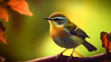 Warbler perching on a branch, Bright clear ligh blur background of green nature. photo