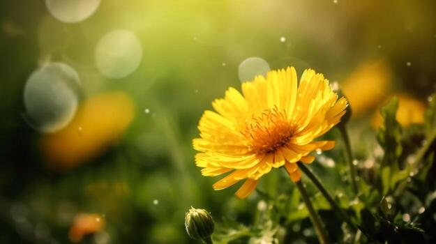 cerca arriba de hermosa amarillo flores y brillante difuminar naturaleza antecedentes con Copiar espacio. generativo ai foto