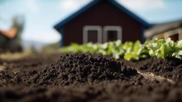 cerca arriba de lechuga granja, negro suelo y difuminar cabaña en el medio de el granja azul cielo soleado día. producto monitor montaje. generativo ai. foto