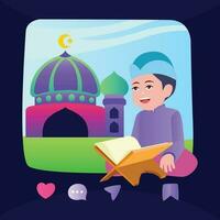 illustration vector graphic hugging the qur'an in the month of ramadan in front of the mosque