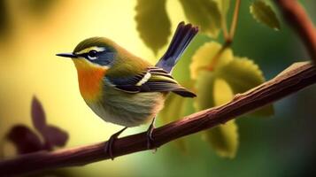 Warbler perching on a branch, Bright clear ligh blur background of green nature. photo