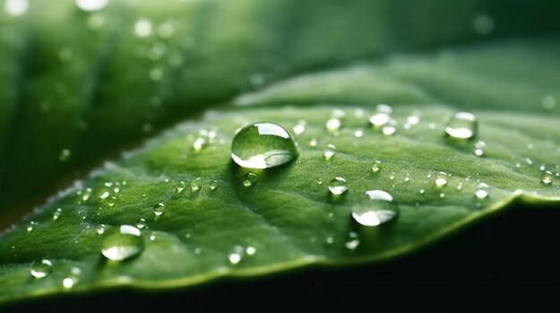 un verde hoja con agua gotas superficie, con un oscuro verde antecedentes. generativo ai foto