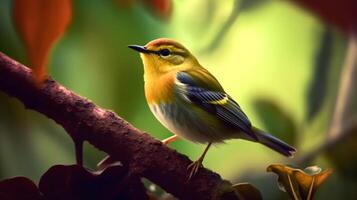 Warbler perching on a branch, Bright clear ligh blur background of green nature. photo